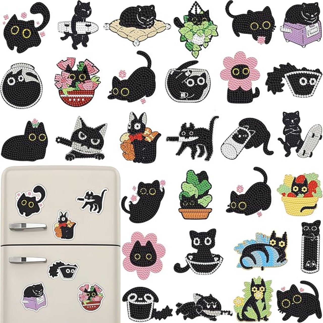 30 Pcs Black Cat Diamond Painting Magnet Kit - Seasonal & Halloween Themes - 5D DIY Fridge Magnets for Adults & Beginners - Multi-Pack Gem Art Refrigerator Stickers & Craft Gifts